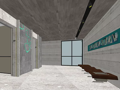 Elevator Lobby With Concrete Walls Gray Ceiling Green Decorative Patterns Wooden Benches And Glass Window 3d model