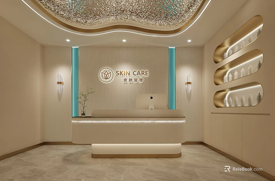 Elegant Modern Beauty Salon Reception With Skin Care Sign Decorative Lights And Display Shelves 3d model 