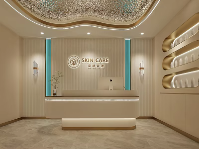 Elegant Modern Beauty Salon Reception With Skin Care Sign Decorative Lights And Display Shelves 3d model