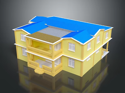 Cartoon Style Two Story House With Yellow Exterior Blue Roof Balcony And White Windows 3d model