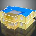 Cartoon Style Two Story House With Yellow Exterior Blue Roof Balcony And White Windows