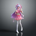 Cute Game Anime Character With Purple Long Hair Cat Ears Pink Skirt And White Stockings