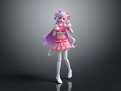 Cute Game Anime Character With Purple Long Hair Cat Ears Pink Skirt And White Stockings 3d model