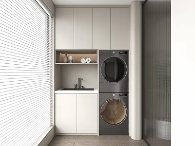 Modern Bathroom Cabinet Rack With White Finish And Stackable Washing Machine Dryer 3d model