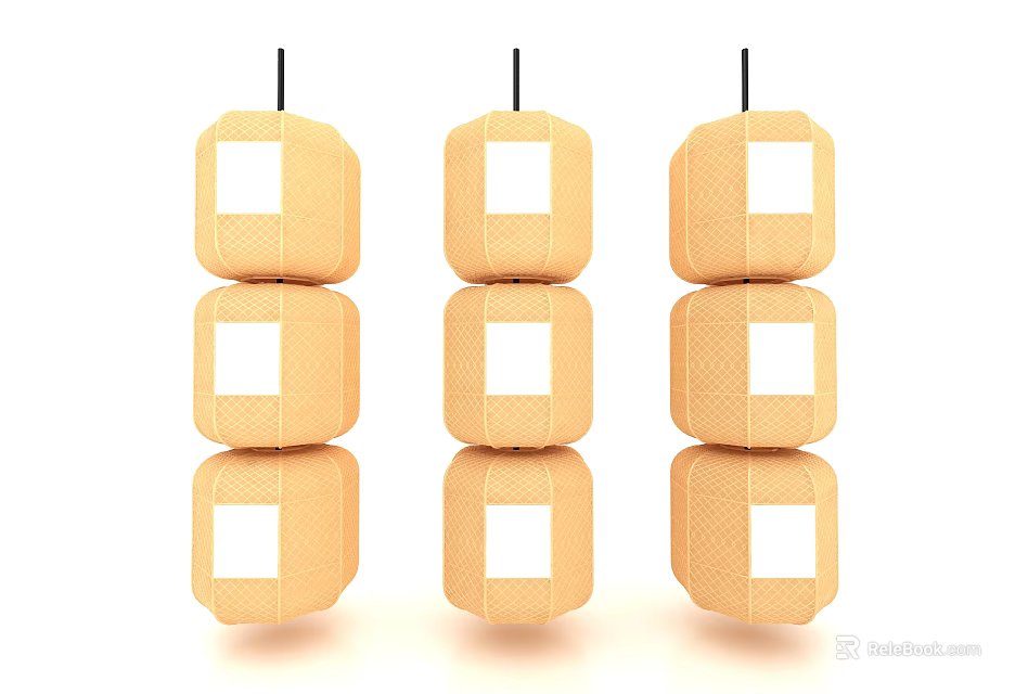 Three Stacked Cube Lanterns in Light Brown with White Square Panels Against White Background 3d model 