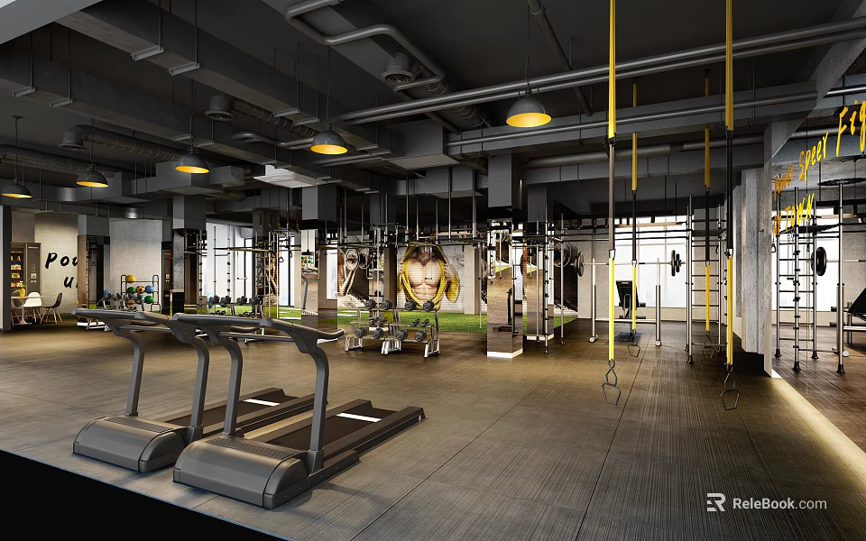 Modern Fitness Gym With Treadmills Suspended Ropes Wall Posters And Industrial Open Space Design 3d model 