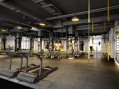 Modern Fitness Gym With Treadmills Suspended Ropes Wall Posters And Industrial Open Space Design 3d model