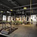 Modern Fitness Gym With Treadmills Suspended Ropes Wall Posters And Industrial Open Space Design