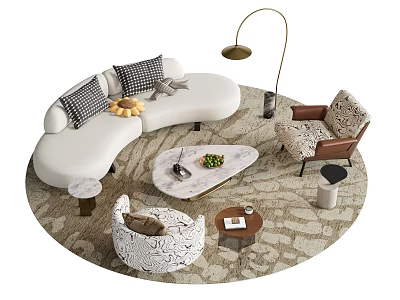 White Curved Sofa and Marble Coffee Table Set with Accent Chairs and Floor Lamp 3d model