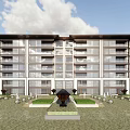 Modern Multi Story Residential Building Exterior With Glass Windows Balconies And Landscaped Water Feature Garden