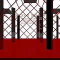Red Geometric Building Structure With Triangular Frame Grid Design And Black Pillars 3d model