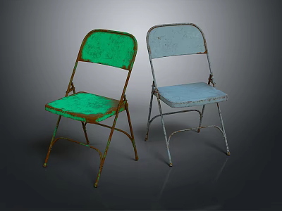 Vintage Folding Leisure Chairs With Green And Light Blue Seats And Metal Frames 3d model