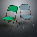 Vintage Folding Leisure Chairs With Green And Light Blue Seats And Metal Frames
