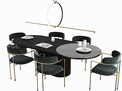 Modern Black Round Dining Table Set With Emerald Green Chairs Golden Legs Hanging Pendant Light 3d model