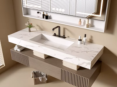 Modern Bathroom Marble Washbasin Vanity With Faucet Cabinet Mirror And Toiletries 3d model