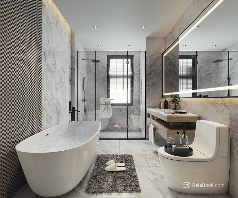 Luxurious Bathroom Interior With Marble Walls Open Shower Bathtub Toilet And Large Mirror 3d model 