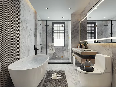 Luxurious Bathroom Interior With Marble Walls Open Shower Bathtub Toilet And Large Mirror 3d model