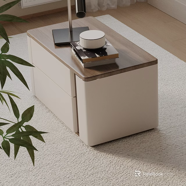 Modern Bedside Table With Wooden Top White Cabinet Lamp Book And Green Plant 3d model 