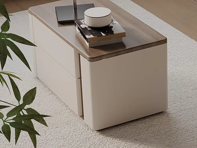 Modern Bedside Table With Wooden Top White Cabinet Lamp Book And Green Plant 3d model