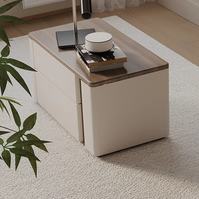 Modern Bedside Table With Wooden Top White Cabinet Lamp Book And Green Plant 3d model