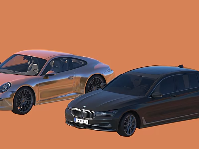 Two Luxury Cars Displayed On Orange Background 3d model Two Luxury Cars Displayed On Orange Background 3d model