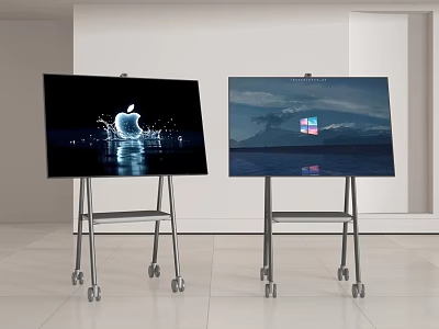 Two Televisions on Wheeled Stands with Apple Logo Display and Windows Logo Screen 3d model