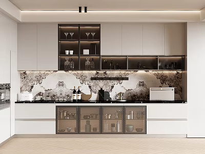 Modern Kitchen Interior With Marble Backsplash Glass Front Cabinets And Decorative Items 3d model