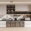 Modern Kitchen Interior With Marble Backsplash Glass Front Cabinets And Decorative Items