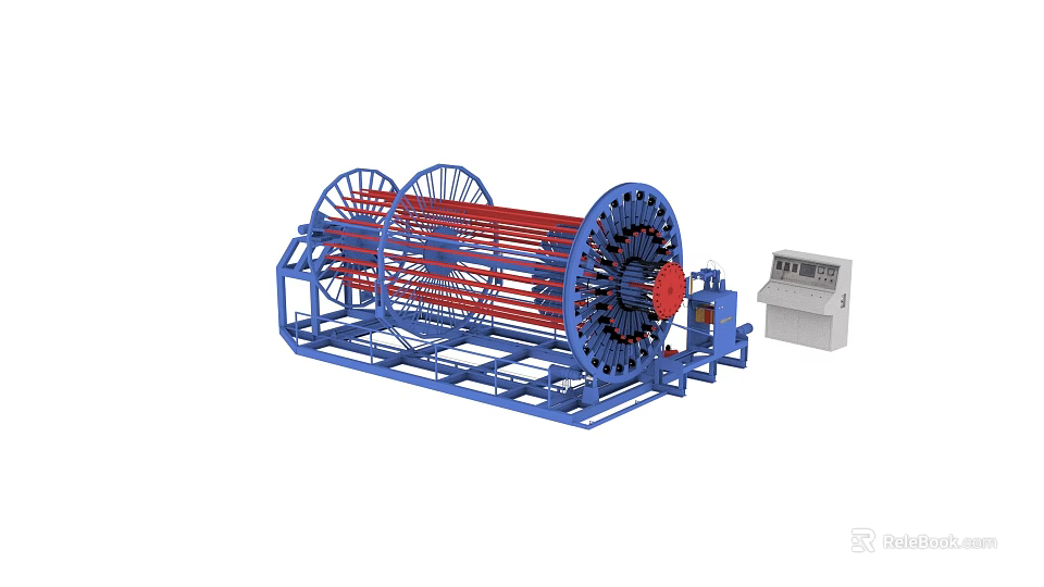 Large Scale Amusement Ride Equipment Featuring Blue Frame Red Parts And Control Unit 3d model 