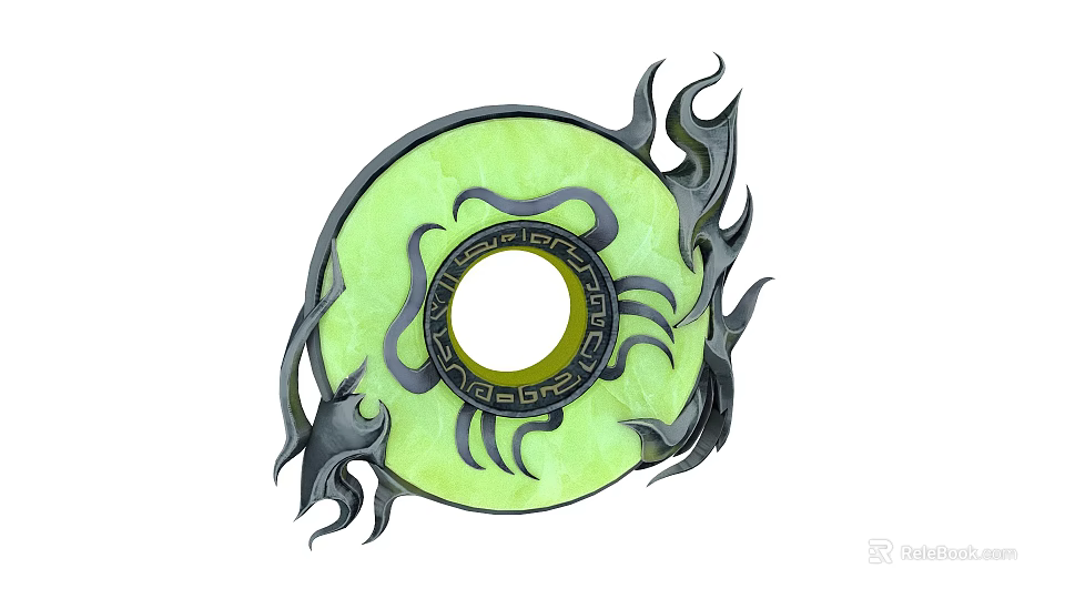 Green Circular Disk Weapon With Intricate Patterns Central Hole And Black Flame Decorations 3d model