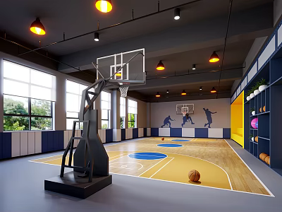 Spacious Basketball Gym With Hoop Lighting Windows And Basketball Themed Wall Art On Wooden Floor 3d model