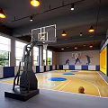 Spacious Basketball Gym With Hoop Lighting Windows And Basketball Themed Wall Art On Wooden Floor