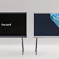 Two Modern Serif TVs With Black Slim Stands And Abstract Blue Screen