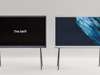 Two Modern Serif TVs With Black Slim Stands And Abstract Blue Screen 3d model
