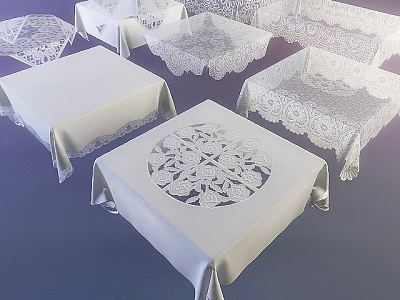White Tablecloths With Lace And Floral Patterns On Dining Tables Decorative Linens 3d model