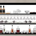 Elegant Black Shelf Display With Wine Bottles Glasses Stemware And Various Liquor Containers