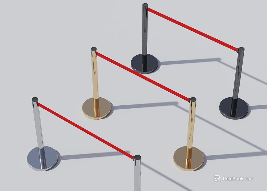 Stanchion Barrier with Red Tape Metal Posts and Gold Silver Black Bases 3d model 