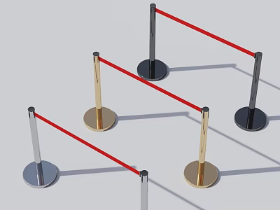 Stanchion Barrier with Red Tape Metal Posts and Gold Silver Black Bases 3d model
