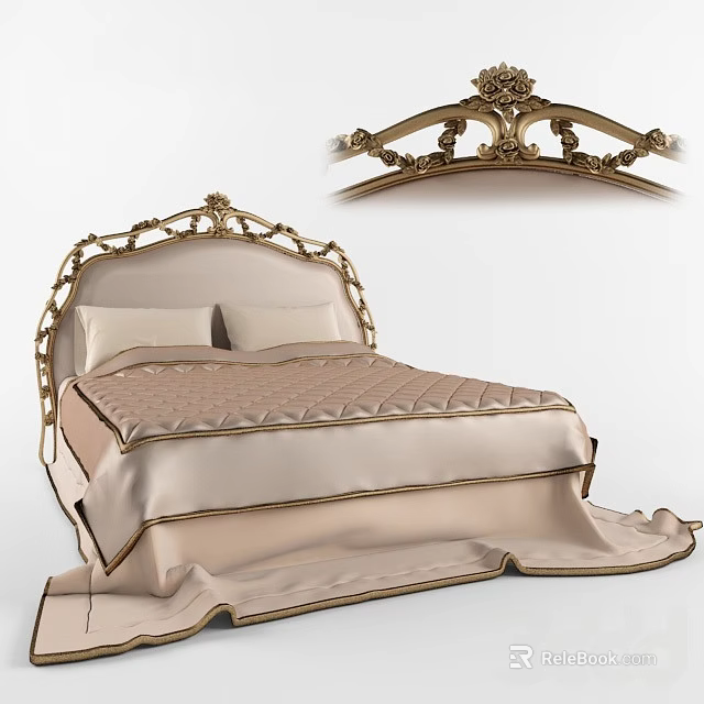 Luxurious Double Bed With Golden Carved Headboard And Beige Bedding 3d model 