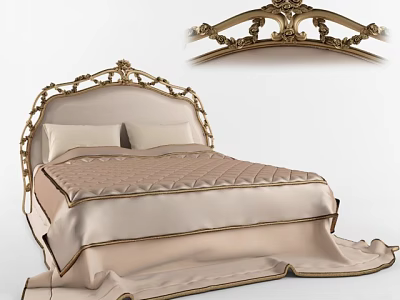 Luxurious Double Bed With Golden Carved Headboard And Beige Bedding 3d model