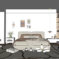 Modern Minimalist Bedroom With Large Bed Decorative Paintings Stuffed Toys On Rug And Recessed Lighting