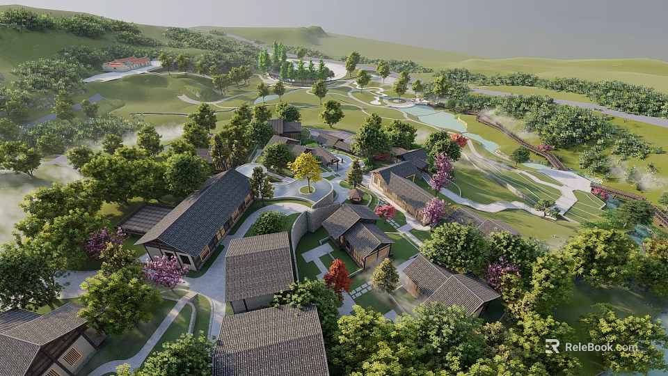 Aerial View Of Residential Development With Traditional Houses Lush Trees Green Spaces And Lake 3d model 