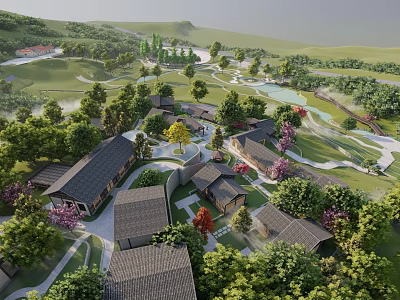 Aerial View Of Residential Development With Traditional Houses Lush Trees Green Spaces And Lake 3d model