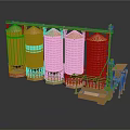 Industrial Grain Silo Structure With Golden Cylindrical Silos Platforms And Conveyor System