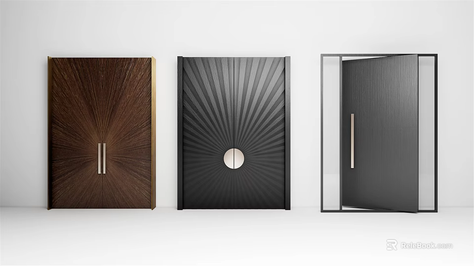 Modern Entry Doors With Textured Surfaces Wooden Black Glass Panels And Varied Handles 3d model 