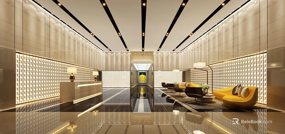 Modern Hotel Lobby Interior With Elegant Lighting Reception Desk And Comfortable Seating 3d model