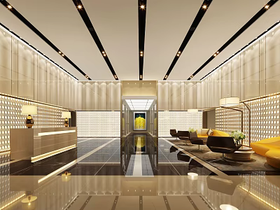 Modern Hotel Lobby Interior With Elegant Lighting Reception Desk And Comfortable Seating 3d model
