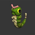 Cartoon Character And Green Caterpillar Creature With Big Eyes Pink Horn Yellow Spots White Tail