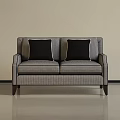 Double Sofa With Striped Pattern Two Black Cushions And Dark Wooden Legs 3d model