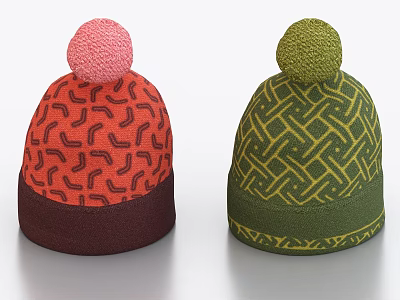 Red and Green Knitted Hats with Different Patterns Pom Poms and Colored Edges 3d model Red and Green Knitted Hats with Different Patterns Pom Poms and Colored Edges 3d model